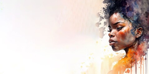 Watercolor portrait of African American beautiful woman. African American History Month concept. Generative AI Illustration banner with copy space
