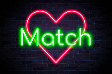 Match with heart symbol neon banner on brick wall background.