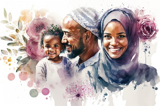 African-American Muslim family, woman wearing hijab. Traditional clothes. Generative AI Illustration