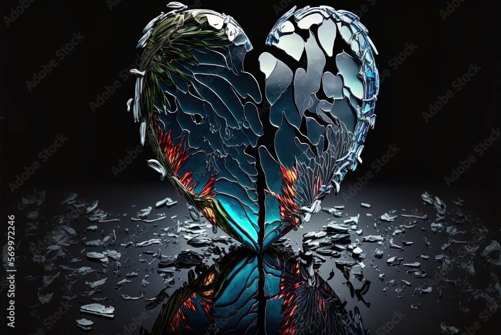 Poster glass heart with shards on a dark backdrop. generative ai