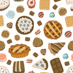 Cartoon vector cakes bakery seamless pattern. Delicious sweet confection desserts, pies, candies, chocolate, waffles, pastries, cupcakes. Template for web, restaurant, menu, market
