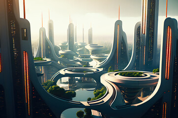 Futuristic Metropolis View. Buildings from the future megapolis. Generative AI illustration