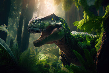 Big scary dinosaur in jungle, tyrannosaurus rex. Generative AI © masharinkaphotos