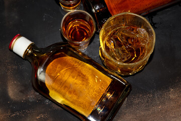 red strong alcohol drinks, spirits and distillates iset in glasses