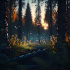 sunset in the forest, pine tress with fireflies!