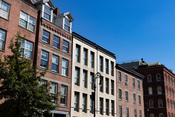 Fototapeta na wymiar Row of Historic Old Brick Buildings in the South Street Seaport Area of New York City