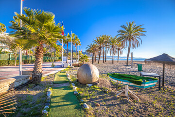 Puerto Banus near Marbella idyllic sand beach view - obrazy, fototapety, plakaty