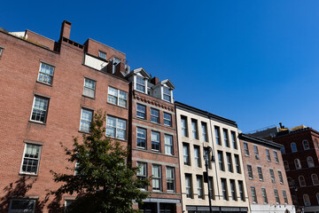Fototapeta na wymiar Row of Historic Old Brick Buildings in the South Street Seaport Area of New York City