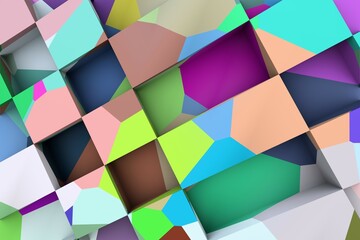 3D ILLUSTRATION RENDERING. ABSTRACT BACKGROUND SQUARE PATTERN DIMENSION OBJECT TRENDY COLORFUL GEOMETRY DISTORTED EFFECT GRAPHIC TEXTURE. PERSPECTIVE SCIENCE TECHNOLOGY PRESENTATION RANDOM DESIGN.