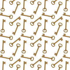 Pattern old skeletal brass key isolated on white background.