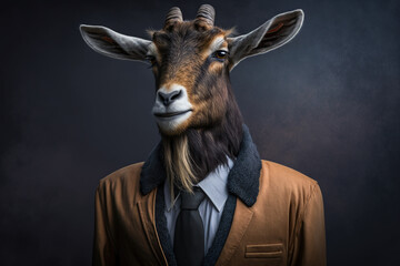 Portrait of a Goat dressed in a formal business suit, generative ai	