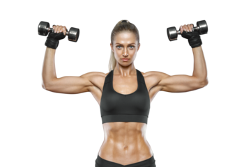 Fitness blond woman in a confident mood raises muscular arms with dumbbells, has a strong body, dressed in a gym outfit. Fitness and healthy concept