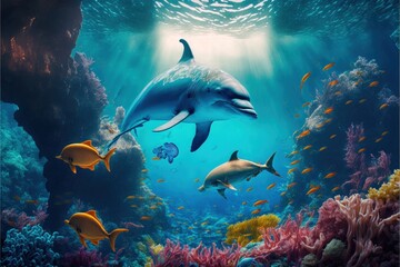 Fototapeta na wymiar Underwater world. Coral fishes, octopus, shark, dolphin, generative by AI