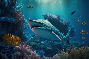 Underwater world. Coral fishes, octopus, shark, dolphin, generative by AI