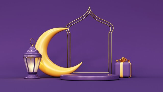 3d render of Ramadan Kareem holiday showcase, podium, display. Cartoon style gift boxes, crescent moon with stars, lanterns and arches. Pastel holiday baner mawlid, isra, iftar, miraj, muharram.