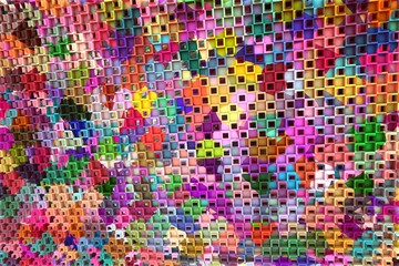 3D ILLUSTRATION RENDERING. ABSTRACT BACKGROUND SQUARE PATTERN DIMENSION OBJECT TRENDY COLORFUL GEOMETRY DISTORTED EFFECT GRAPHIC TEXTURE. PERSPECTIVE SCIENCE TECHNOLOGY PRESENTATION RANDOM DESIGN.