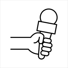 Hand holding microphone icon. Vector interview or news concept symbol vector illustration on white background