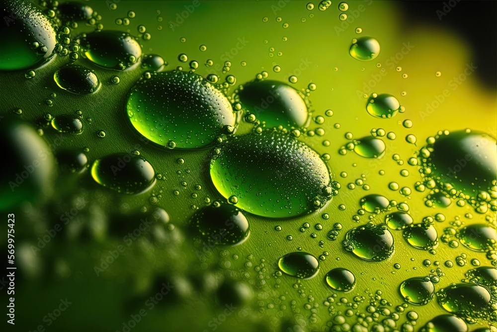 Poster sunlight shining on a close-up of a green surface with raindrops. generative ai