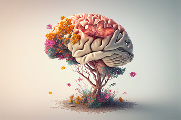 Brain as a tree with flowers - mental health concept. generative ai