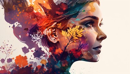 Double exposure woman profile and flowers mental health women's day illustration generative ai - obrazy, fototapety, plakaty