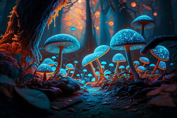 Fototapeta na wymiar Colorful, mystical glowing mushrooms in a mystical forest. enchanted forest. AI