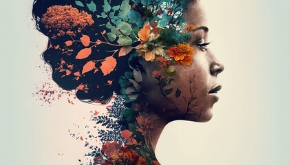 Double exposure woman profile and flowers mental health women's day illustration generative ai