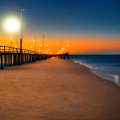 Obraz premium Fantasy beach and pier scene ocean and sky looking down sand string lights