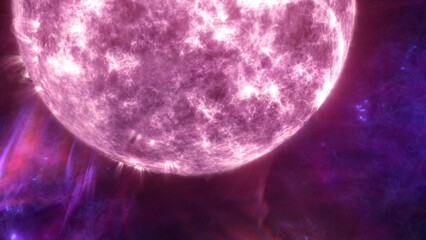 Super massive white star erupting solar flares close-up. 3D illustration concept of giant alien sun. Purple and black hostile dark matter space nebula. Hyperrealistic celestial supernova plasma burst.