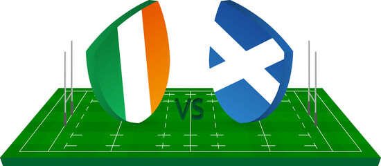 Rugby team Ireland vs Scotland on green rugby field.