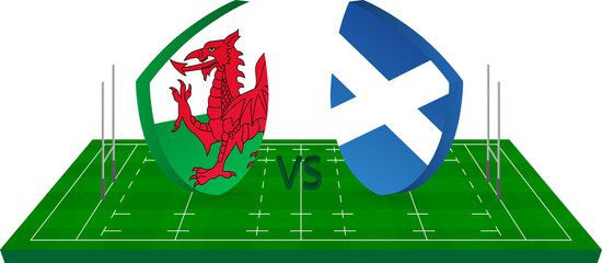 Rugby team Wales vs Scotland on green rugby field.