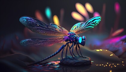Naklejka na ściany i meble Neon glowing dragonfly animal isolated on dark background, phantasmal iridescent, psychic waves created with generative ai technology
