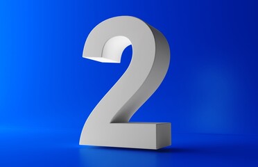Number 2 in white on light blue background, isolated number 3d rendering.