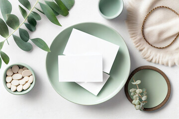 Obraz na płótnie Canvas Minimalist feminine branding / business card mockup with stack of cards in a small bowl, boho necklace and eucalyptus twigs on a styled desk. Mint, white and neutral hues. Flat lay.