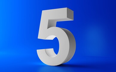 Number 5 in white on light blue background, Five number isolated 3d rendering.