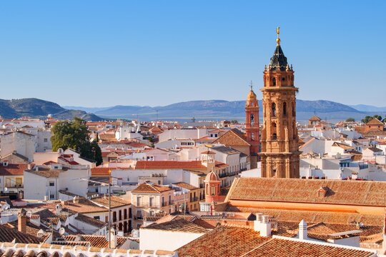 Aerial view on the centre of historical andalusian city Antequera, Spain