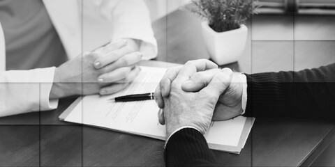 Business negotiation between businesswoman and businessman (lorem ipsum text used), geometric pattern