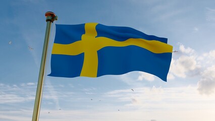 Flag of sweden waving in the wind, sky and sun background. Sweden Flag.
