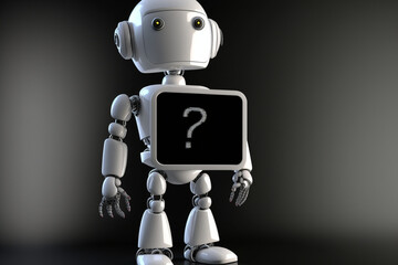 Naklejka premium AI futuristic robot standing with questioning expression and a question mark ? in your chest, generated by IA,
