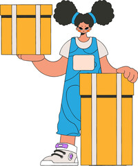 Delightful woman holding boxes. Understanding the process of parcel and cargo delivery.