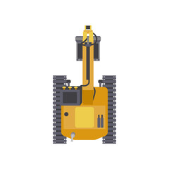 Top view of yellow excavator vector illustration. Cartoon drawing of vehicle for construction or building isolated on white background. Construction industry, heavy machinery concept