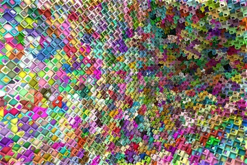 3D ILLUSTRATION RENDERING. ABSTRACT BACKGROUND SQUARE PATTERN DIMENSION OBJECT TRENDY COLORFUL GEOMETRY DISTORTED EFFECT GRAPHIC TEXTURE. PERSPECTIVE SCIENCE TECHNOLOGY PRESENTATION RANDOM DESIGN.
