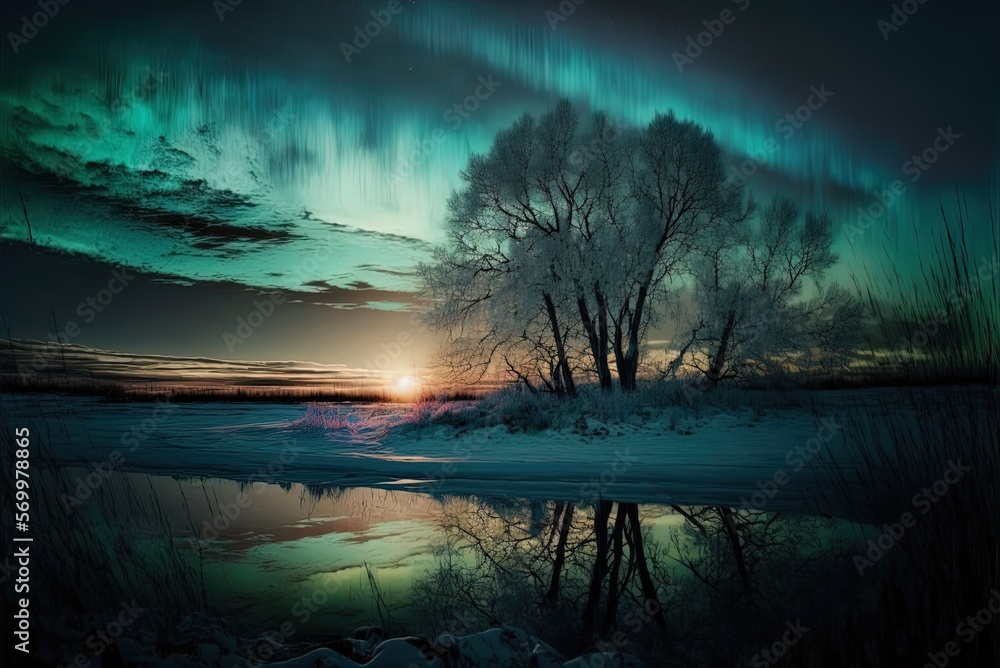Poster dim dawn northern rays on the empty field generative ai