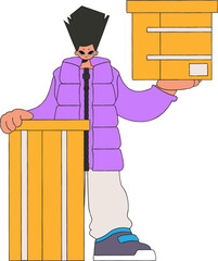 A delightful guy is holding boxes. Understanding the process of parcel and cargo delivery.