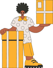 A delightful guy is holding boxes. The essence of delivering packages and freight.