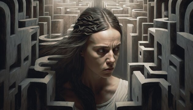 Woman in a maze of her own mind concept of mental health problem for mental health awareness month generative ai