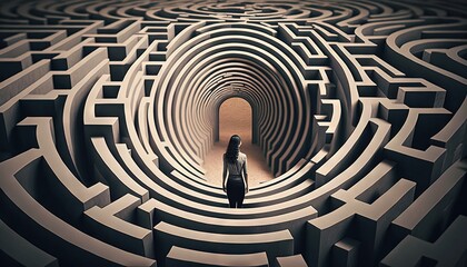 Woman stuck in a maze labyrinth illustration generative ai