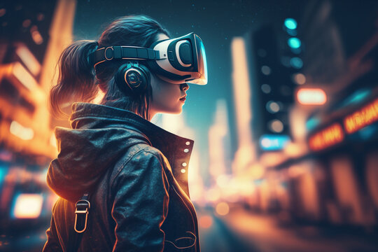 Generative AI illustration of gorgeous woman wearing VR headset while exploring cyberspace standing against blurred background of city
