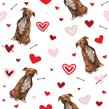Pitbull terrier dog Valentine's day bright red heart white wallpaper. Love doodles hearts holiday square background, repeatable pattern. St Valentine's day wallpaper, valentine's present, print tiles.