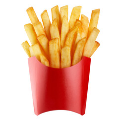 Delicious french potato fries in a red carton package box, cut out