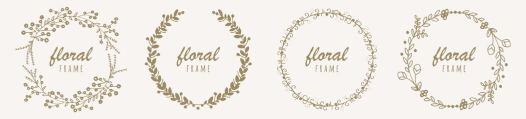 Hand drawn floral frames with flowers, branch and leaves. Elegant logo template. Vector illustration for labels, branding business identity, wedding invitation